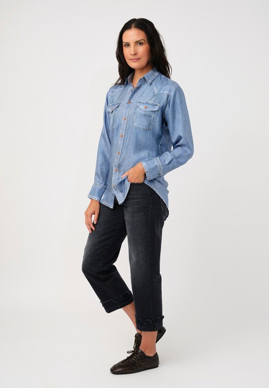 Pierre-Louis Mascia Silk Trompe l'Oeil Denim Effect Aloe Button-Down Top in Light Blue