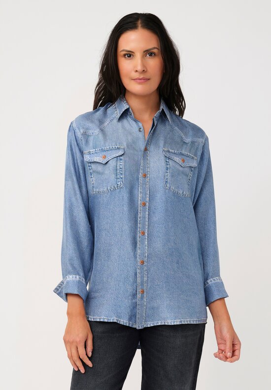 Pierre-Louis Mascia Silk Trompe l'Oeil Denim Effect Aloe Button-Down Top in Light Blue