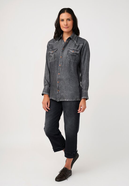 Pierre-Louis Mascia Silk Trompe l'Oeil Denim Effect Aloe Button-Down Top in Charcoal Grey Wash