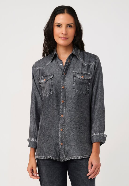 Pierre-Louis Mascia Silk Trompe l'Oeil Denim Effect Aloe Button-Down Top in Charcoal Grey Wash