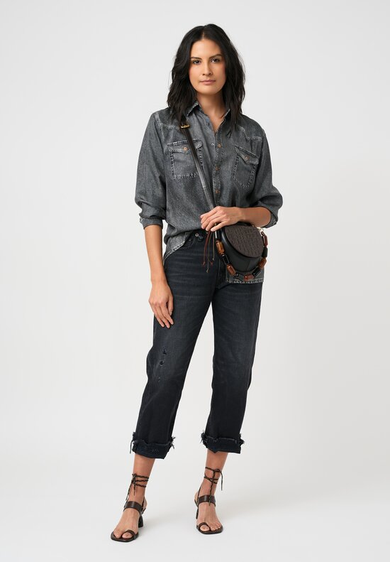 Pierre-Louis Mascia Silk Trompe l'Oeil Denim Effect Aloe Button-Down Top in Charcoal Grey Wash