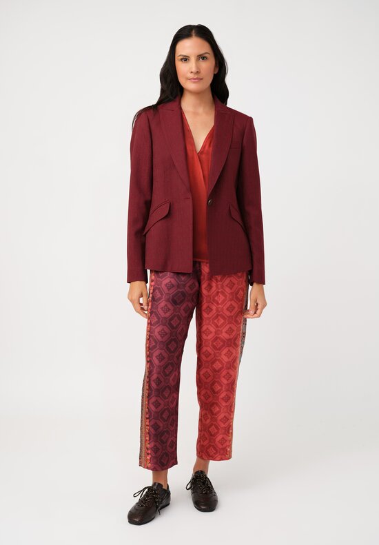 Pierre Louis Mascia Silk Aloe Trousers in Paisley Red & Burgundy Diamonds