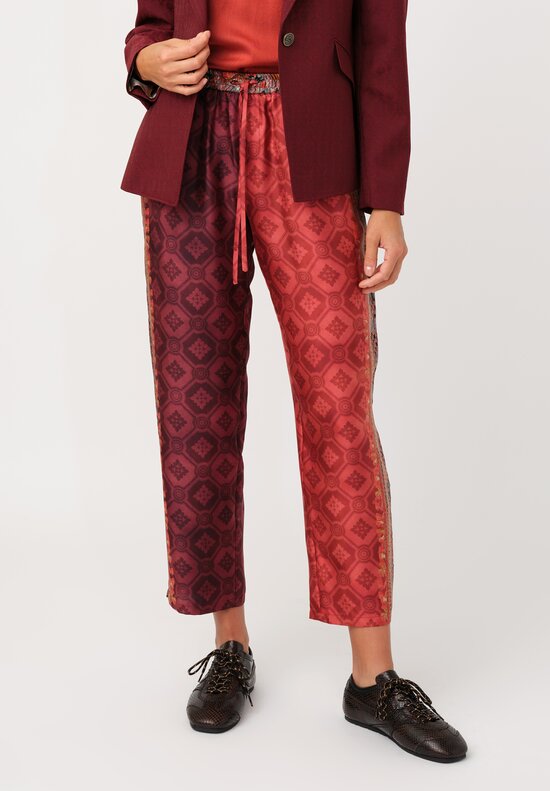 Pierre Louis Mascia Silk Aloe Trousers in Paisley Red & Burgundy Diamonds