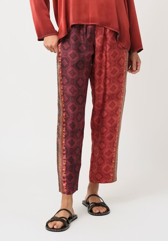 Pierre Louis Mascia Silk Aloe Trousers in Paisley Red & Burgundy Diamonds
