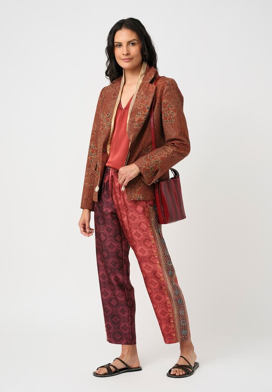 Pierre Louis Mascia Silk Aloe Trousers in Paisley Red & Burgundy Diamonds