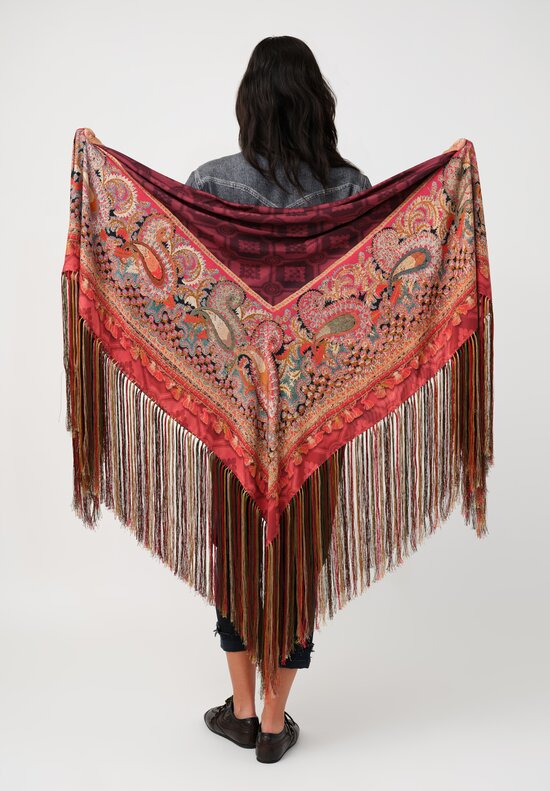 Pierre Louis Mascia Silk Fringe Aloe Scarf in Red & Burgundy Diamonds & Paisley