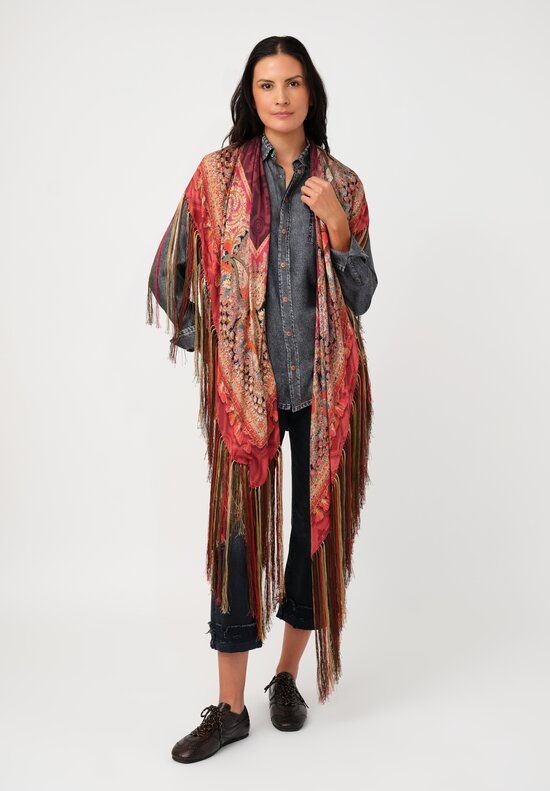 Pierre Louis Mascia Silk Fringe Aloe Scarf in Red & Burgundy Diamonds & Paisley