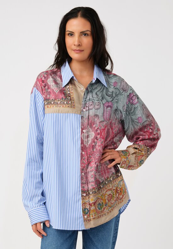 Pierre-Louis Mascia Cotton & Silk Alokam Shirt in Blue Stripes & Rich Reds Floral Tapestry