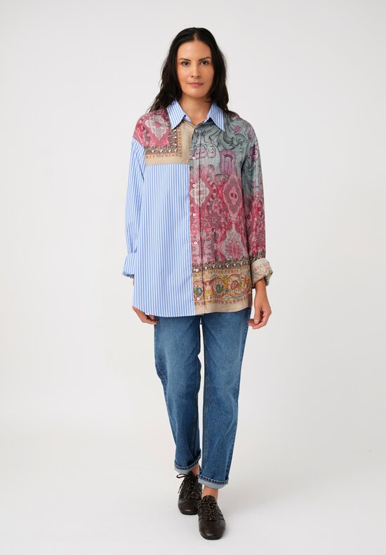 Pierre-Louis Mascia Cotton & Silk Alokam Shirt in Blue Stripes & Rich Reds Floral Tapestry