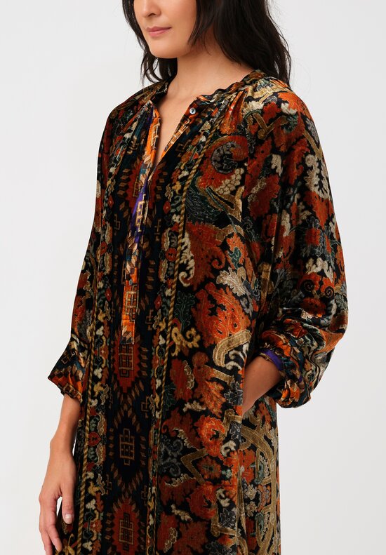Pierre-Louis Mascia Velvet Kanada Shirt Dress in Orange Floral Tapestries