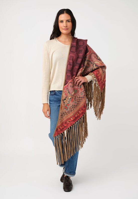 Pierre-Louis Mascia Leather Fringe Pancake Shawl in Red & Burgundy Diamonds & Paisley