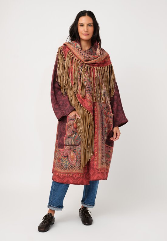Pierre-Louis Mascia Leather Fringe Pancake Shawl in Red & Burgundy Diamonds & Paisley