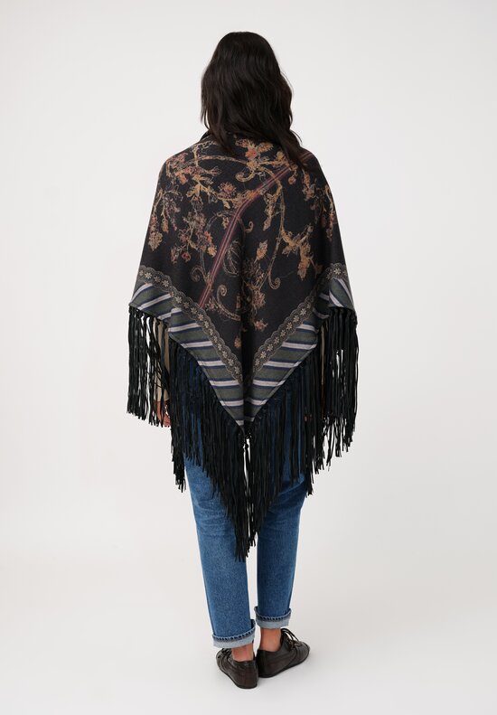 Pierre-Louis Mascia Leather Fringe Pancake Shawl in Black Rose Vines