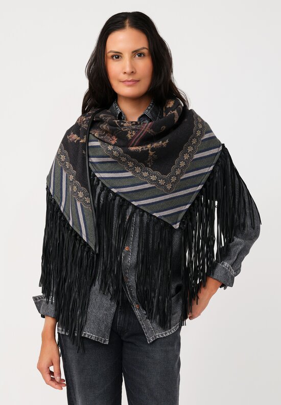 Pierre-Louis Mascia Leather Fringe Pancake Shawl in Black Rose Vines