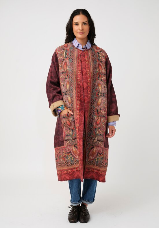 Pierre-Louis Mascia Thermal Pancake Kimono Duster in Paisley, Red & Burgundy Diamonds