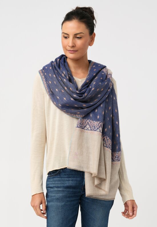 Yaser Shaw Cashmere Kashmiri Embroidered Scarf in Atlantic Blue & Paisley Flowers