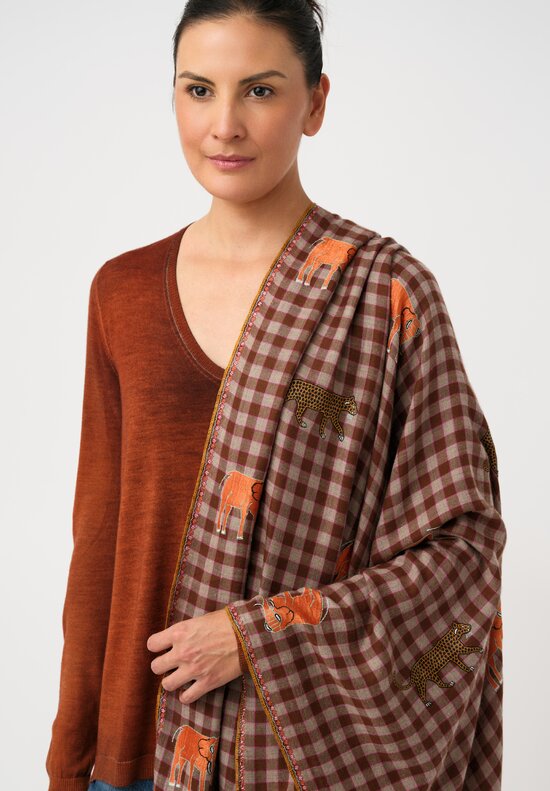 Yaser Shaw Cashmere Kashmiri Embroidered Scarf in Brown Burnt Sienna Gingham with Animal Motifs
