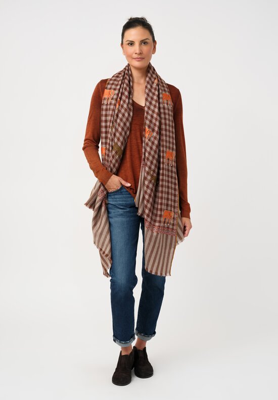 Yaser Shaw Cashmere Kashmiri Embroidered Scarf in Brown Burnt Sienna Gingham with Animal Motifs