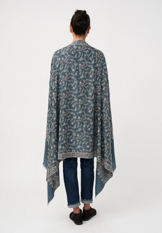 aser Shaw Cashmere Kashmiri Embroidered Scarf in Aegean Blue & Paisley Vine Forest