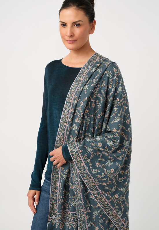 aser Shaw Cashmere Kashmiri Embroidered Scarf in Aegean Blue & Paisley Vine Forest