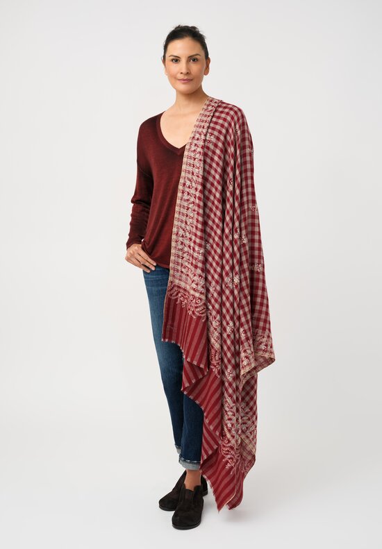 Yaser Shaw Cashmere Kashmiri Embroidered Scarf in Royal Red Gingham with Paisley Flowers
