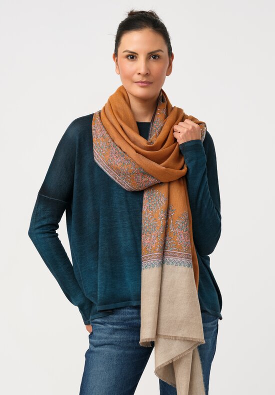 Yaser Shaw Cashmere Kashmiri Embroidered Scarf in Sepia Orange Daisy Bouquets