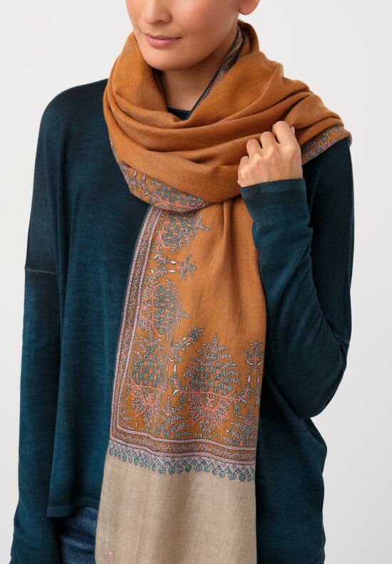 Yaser Shaw Cashmere Kashmiri Embroidered Scarf in Sepia Orange Daisy Bouquets