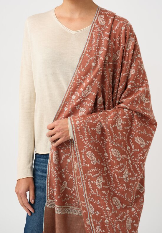 Yaser Shaw Cashmere Kashmiri Embroidered Scarf in Sedona Clay Brown & Paisley Heart Vine Forest