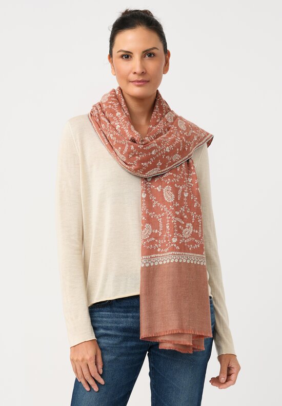 Yaser Shaw Cashmere Kashmiri Embroidered Scarf in Sedona Clay Brown & Paisley Heart Vine Forest