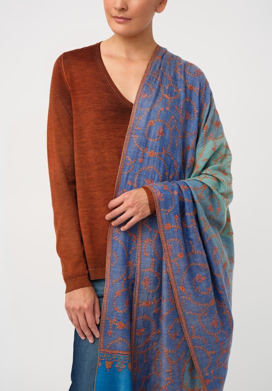 Yaser Shaw Cashmere Kashmiri Embroidered Scarf in Cerulean & Aquamarine Blue with Paisley Vine Swirls