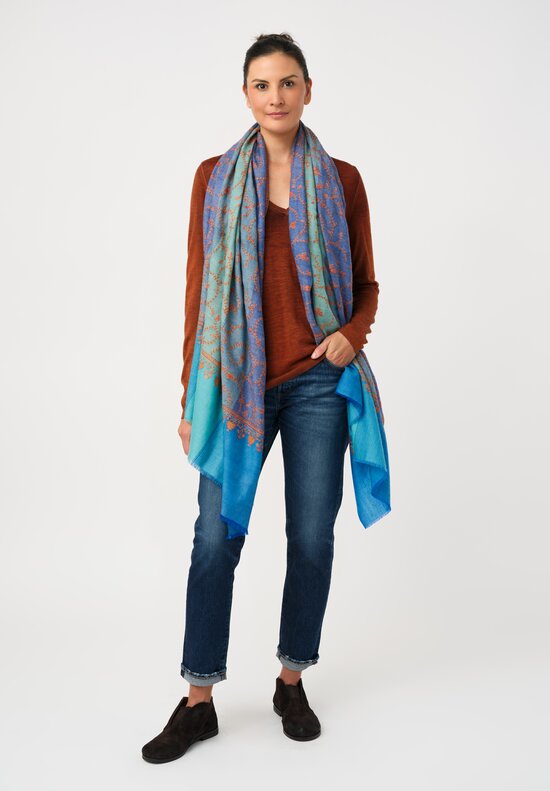 Yaser Shaw Cashmere Kashmiri Embroidered Scarf in Cerulean & Aquamarine Blue with Paisley Vine Swirls