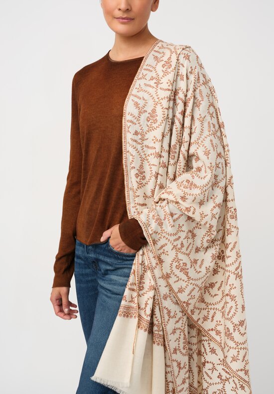 Yaser Shaw Cashmere Kashmiri Embroidered Scarf in Cream & Paisley Vine Forest