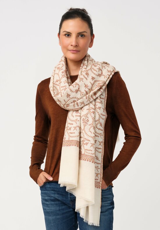 Yaser Shaw Cashmere Kashmiri Embroidered Scarf in Cream & Paisley Vine Forest