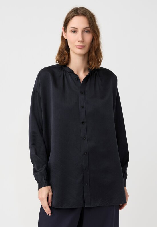 Arts & Science Silk Suede Band Collar Shirt in Navy Blue