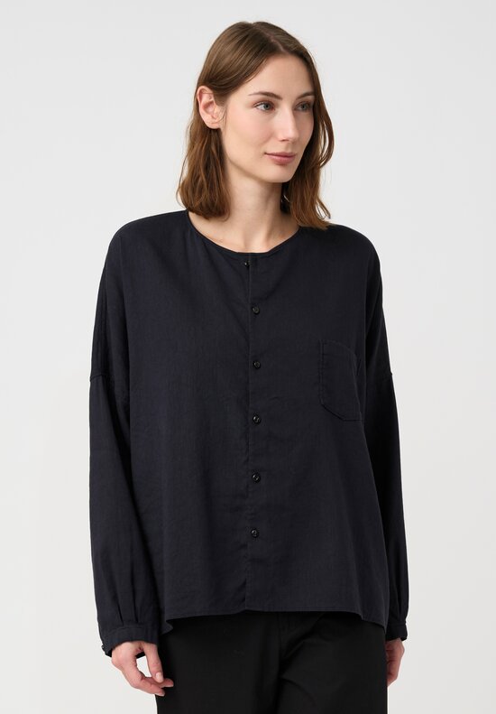 Kaval Linen Crepe No Collar Wide Shirt