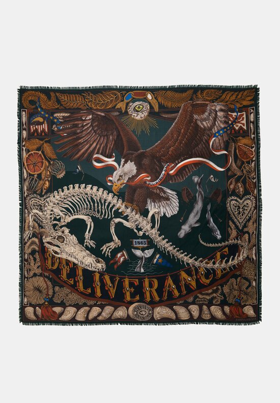 Sabina Savage Silk Twill Scrimshaw Skeleton Square Scarf in Canvas & Kelp Green