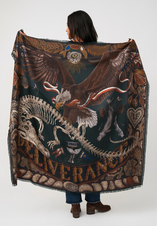 Sabina Savage Silk Twill 'Scrimshaw Skeleton' Square Scarf in Canvas & Kelp Green