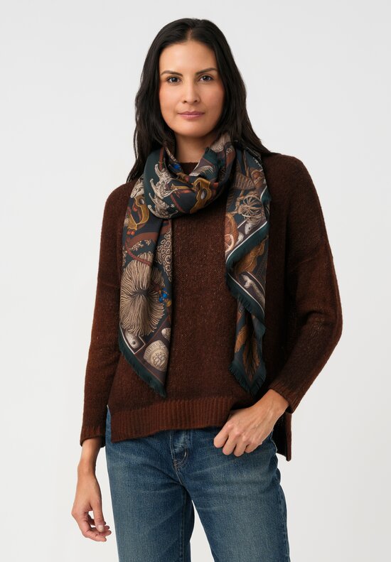 Sabina Savage Silk Twill 'Scrimshaw Skeleton' Square Scarf in Canvas & Kelp Green