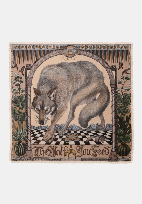 Sabina Savage Silk Twill The Wolf You Feed Square Scarf in Desert Natural