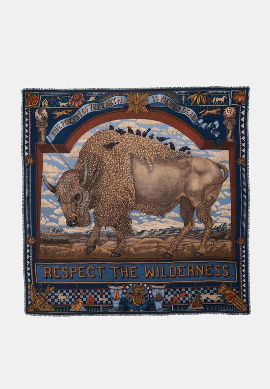 Sabina Savage Silk Blend Secrets of the Bison Square Scarf in Chambray Blue