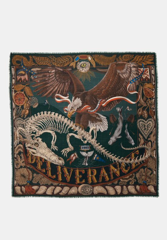 Sabina Savage Silk Blend Scrimshaw Skeleton Square Scarf in Canvas & Kelp Green