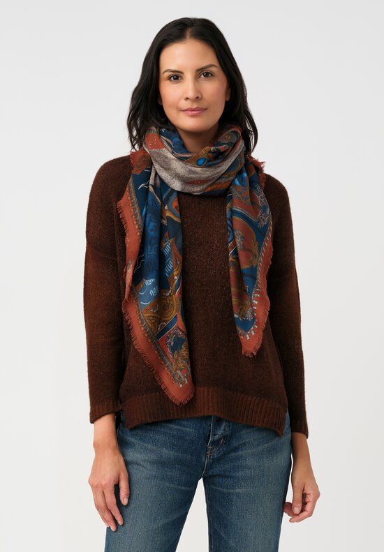 Sabina Savage Silk Blend Wind Horse Square Scarf in Madder Red & Sky Blue