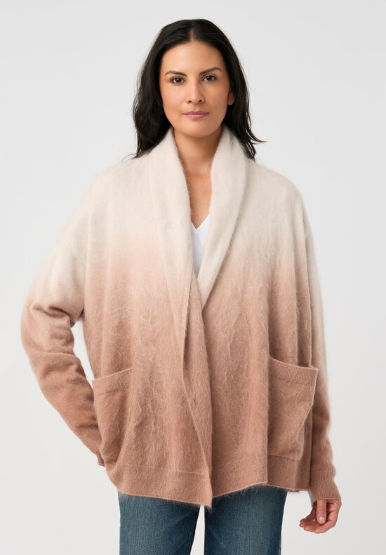 Iris Von Arnim Brushed Cashmere Kamelia Dip-Dye Cardigan in Alabaster & Rosewood Pink Ombré