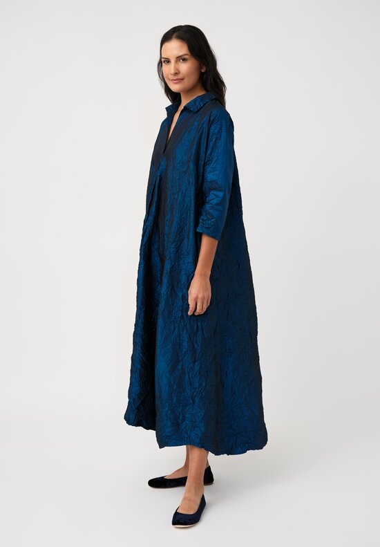 Daniela Gregis Washed Silk Spicchi Colletto Collared Dress in Petrol Blue