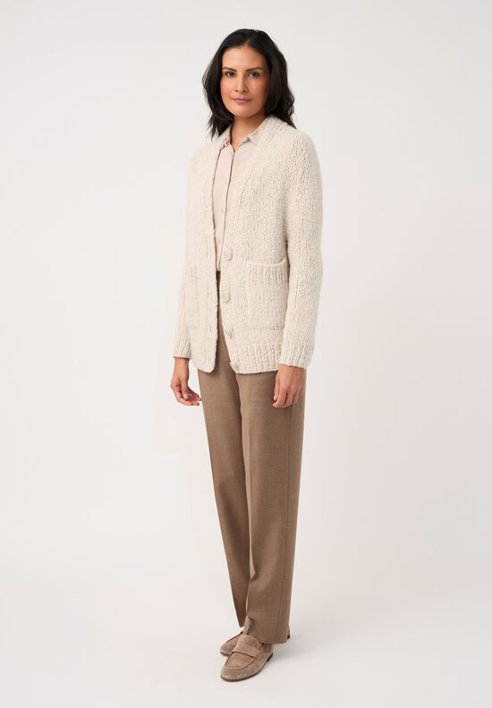 Wommelsdorff Hand-Knit Cashmere & Silk Luna Cardigan in Ivory & Latte Cream	
