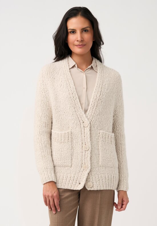 Wommelsdorff Hand-Knit Cashmere & Silk Luna Cardigan in Ivory & Latte Cream	