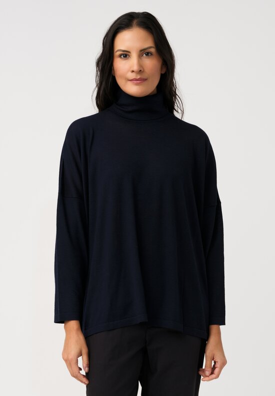 Eskandar Ultra Fine Cashmere Scrunch Neck Sweater in Dark Navy