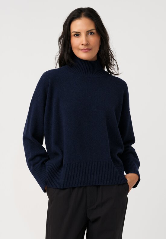 Eskandar Cashmere High Neck Ribbed Edge Sweater in Ink Navy