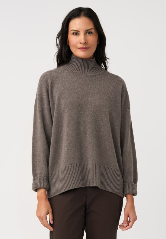 Eskandar Cashmere High Neck Ribbed Edge Sweater in Bison Gray