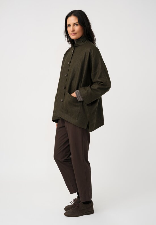 Eskandar Silk Blend Double Stand Collar Jacket in Bronze Olive